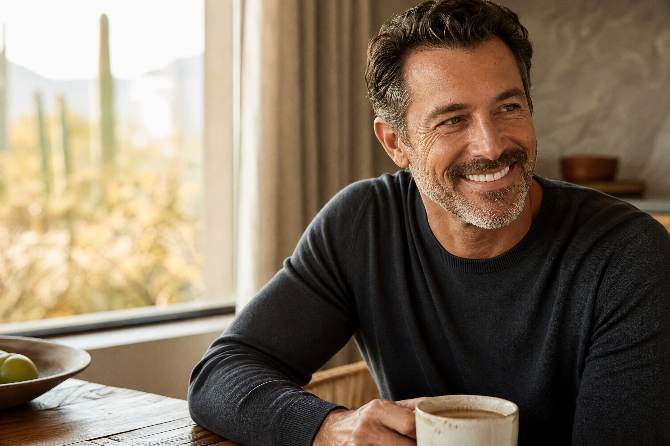 Man enjoying a calm morning at home near an Arizona desert window