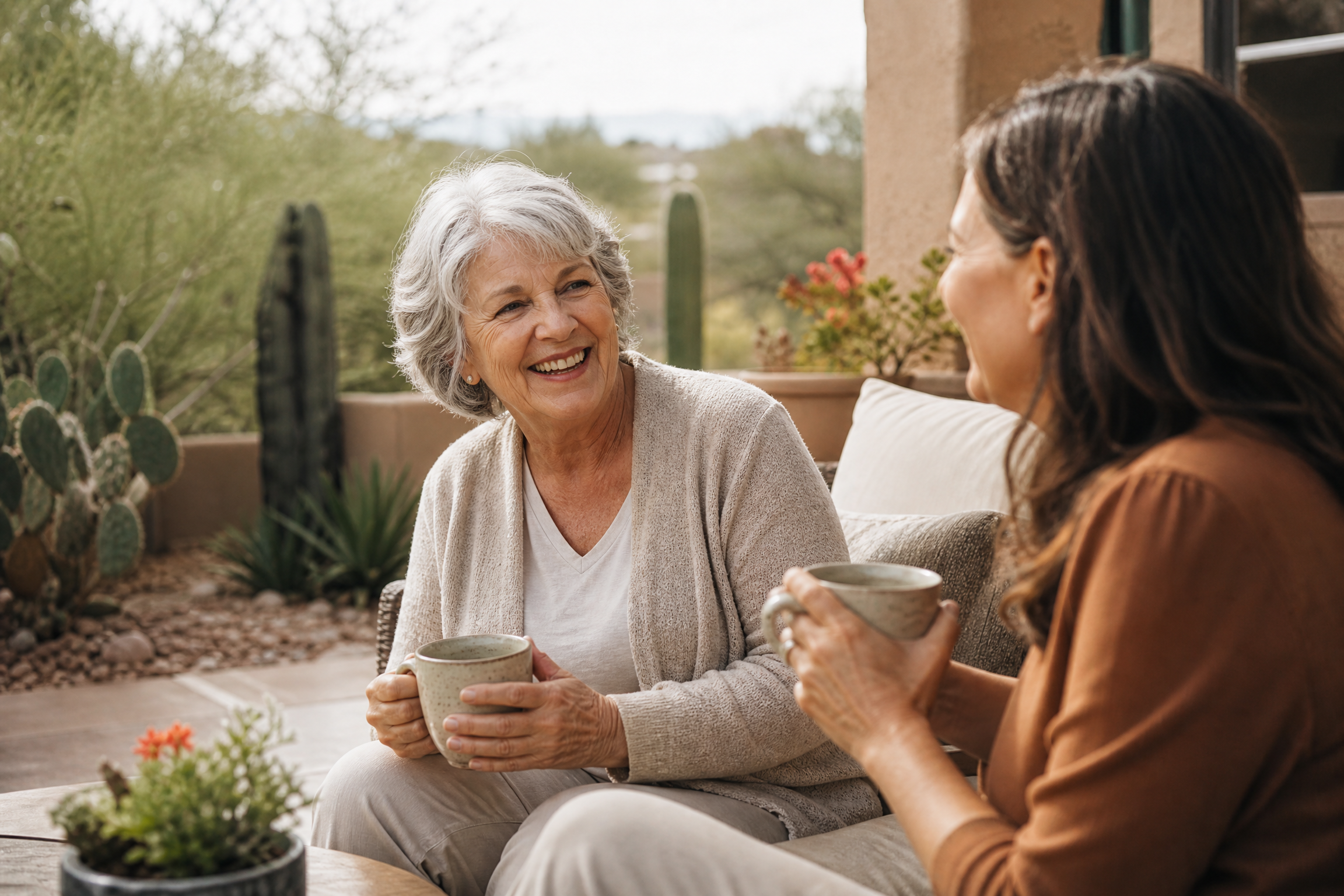 Older woman and adult daughter talking together on an Arizona patio