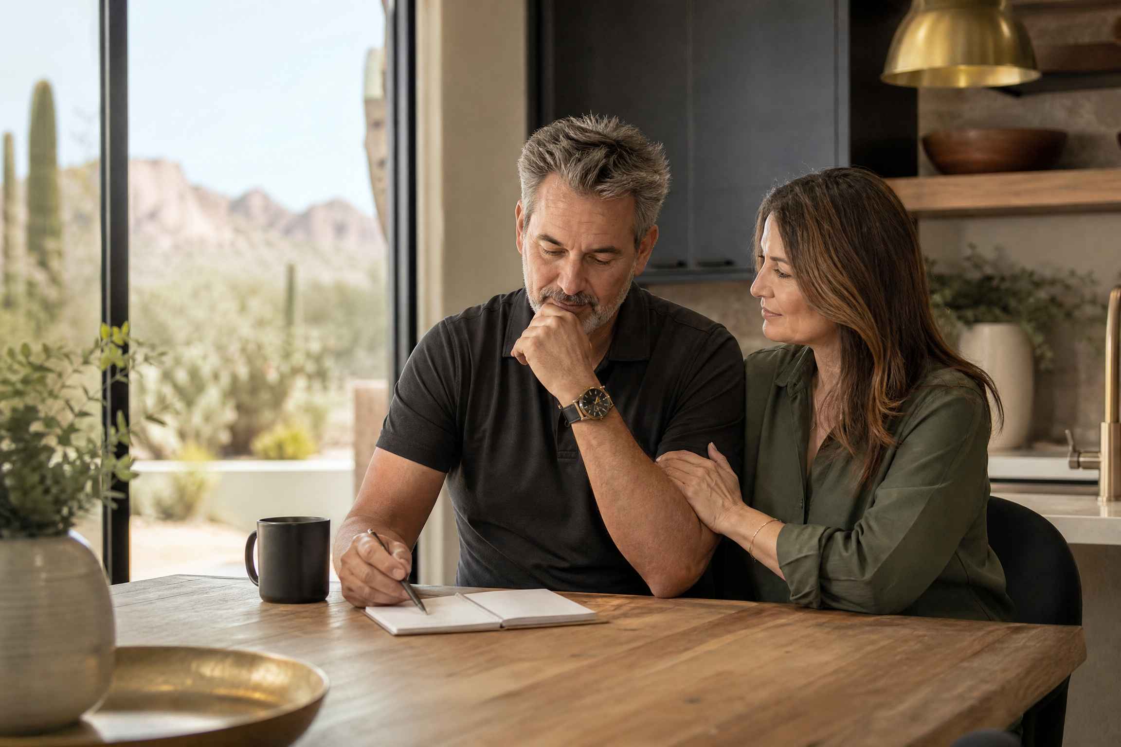 Couple discussing notes together at home
