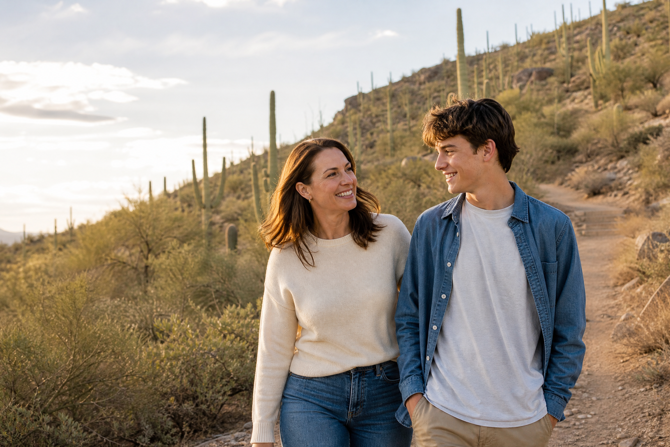 Mother and teenage son walking together on a Sonoran desert trail