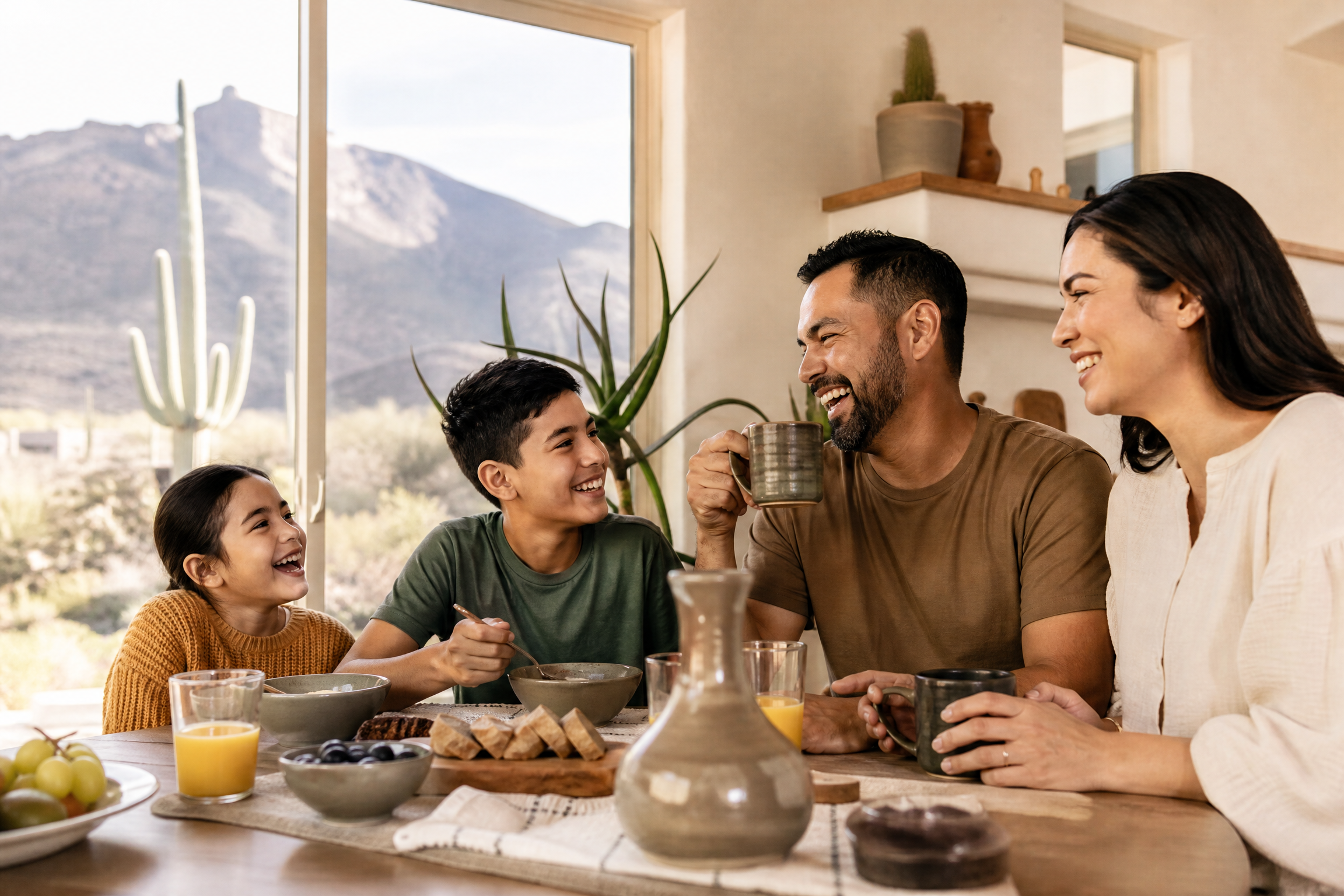 Family laughing together around a breakfast table