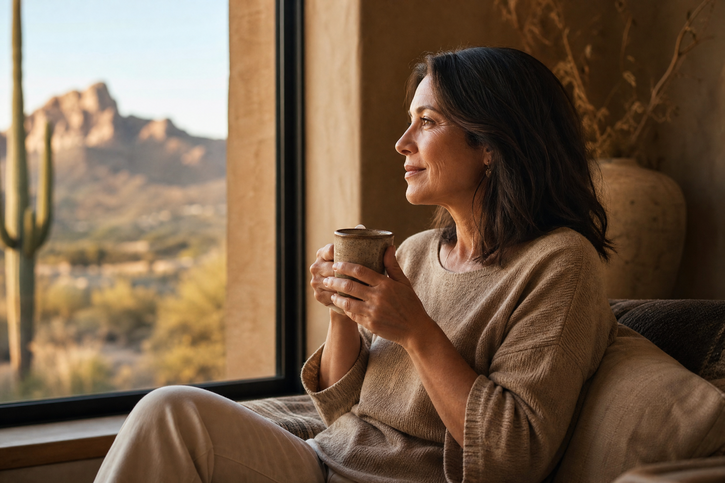 Woman taking a quiet moment at home with a warm drink